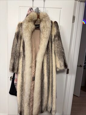 Saga Furs Long Cream and Brown Striped Full-Length Fur Coat
